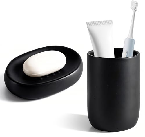 Ceramic Soap Dish Black,Cups Ceramic Toothbrush Toothpaste Holders,Black Bathroom Tumbler Cup Reusable Toothbrush Cup Mouthwash,Soap Dish,Soap Holder,Easy Cleaning