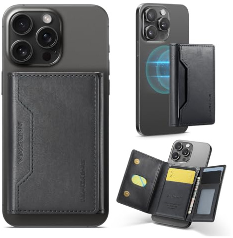 Cyberwork Porte-Cartes MagSafe Magnétique en Cuir PU, Blocage RFID, 8 Emplacements Cartes, 3 Poches Monnaie + Fenêtre ID, Portefeuille Élégant pour iPhone 17/16/15/14/13/12 (Noir)