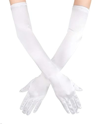 FrostyFlair Weiße & Elegante Satin Handschuhe Lang für Damen, Halloween Kostüm und 1920er Party