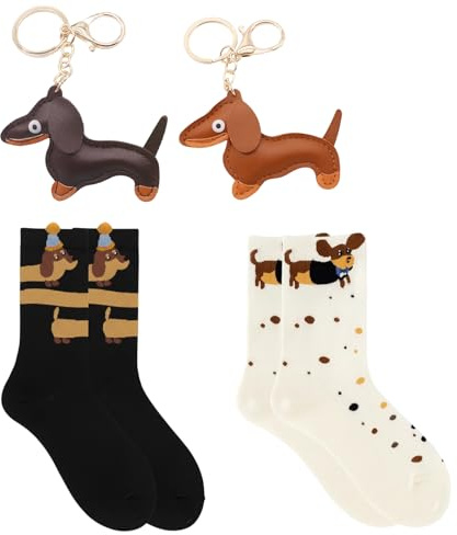 2 Paar Socken Und 2 Dackel Schlüsselanhänger Mit Design, Dackel Deko Socken Und Schlüsselanhänger Set, Welpe Hundetasche Leder Glücksbringer Für Hundeliebhaber, Lustige Geschenke