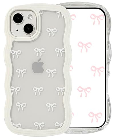 Riccase for iPhone 13 Case iPhone 14 Phone Case Bow Curly Wave Frame Phone Case, Shockproof Clear Soft Transparent Silicone Protective Bumper Cover for Women Girls, White
