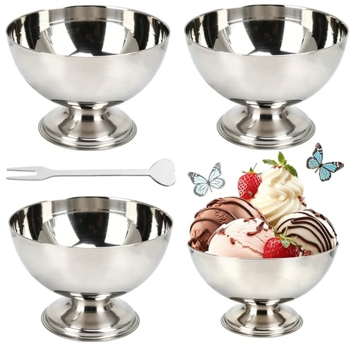 Ayolofei 4 vasos para helado de 200 ml, de acero inoxidable con tenedores, cuencos de postre, vasos de postre, vasos de postre, helados Sundae para frutas, ensaladas, yogur y pudín de frutas