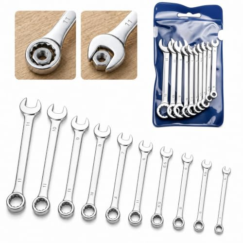 10PCS Small Spanner Set 4-11mm,Dual-End Open & Box Spanner for small space | Ratchet Spanner Set,Metric Mini Combination Ratchet Wrench Kit with Storage Pouch for Ignition,Bike Furniture Assembly