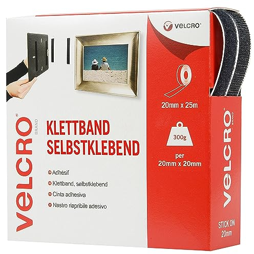 Velcro Marque, Ruban Adhésif Auto-Agrippant À Crochets Et Boucles, Qui Se Coupe À La Longueur Désirée & Parfait Pour La Décoration De Pièce, Maison, Bureau, Dans Le Garage, Noir 20 Mm X 25 M
