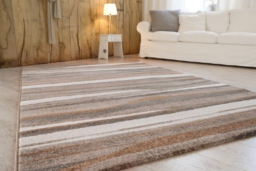 andiamo Webteppich moderner stilvoller Kurzflor Teppich robust und pflegeleicht aus 100% Polypropylen geeignet für Fußbodenheizung und Saugroboter 80 x 150 cm Streifen Braun