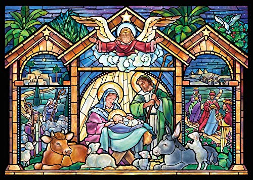 Religiöse Weihnachtskarten, Glasmalerei-Optik, Set von 15 Karten/16 Umschläge