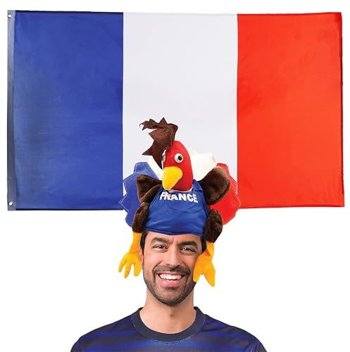 French Flag & Hat Fancy Dress Accessory Set - 3x5ft Flag + Gallic Rooster Hat for Bastille Day, France Supporters, Football & Rugby