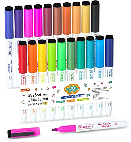 Shuttle Art Whiteboard Marker Set 20 Stück Whiteboard Marker Feine Spitze und Radiergummi trocken abwischbare Whiteboard Marker für Kinder zum Schreiben auf Whiteboards, Wochenplaner, Glas für