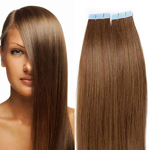 SEGO Tape Extensions Echthaar 20 Tressen/30 g Klebeband Haarverlängerung Haarteile 100% Remy Human Haar Kleber Hellbraun#6 20(50cm)-30g