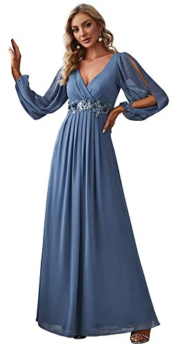 Ever-Pretty Women's Elegant A-Line Deep V-Neck Appliques Pleated Long Sleeve Bridesmaid Dress Dusty Navy 26UK