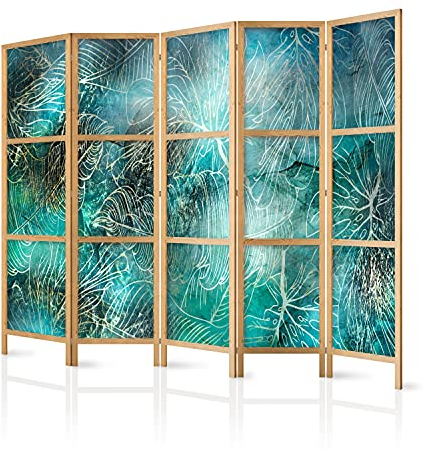 murando - Paravent Innen Raumteiler Holz Tropische Blätter Monstera 225x172 cm 5-teilig Japanische Trennwand Raumtrenner Room Divider Mobiler Sichtschutz Spanische Wand Raum Abtrennung b-A-0830-z-c
