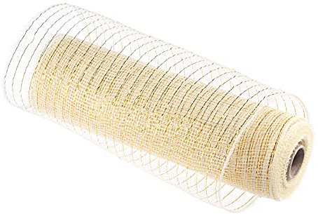 sourcing map Polypropylen-Jute-Netz, 25,4 cm x 9,1 m, Lametta-Folie, Streifen, Wickelband für Zuhause, Outdoor, Kranz, Dekoration, 1 Rolle (cremefarben + Gold)