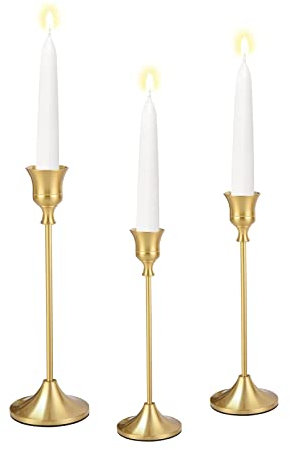 Candle Holders Set of 3 Brass Gold Candlestick Holders for Table Centerpiece Metal Taper Candle Stick Holders Stand Vintage Modern Decorative for Living Room, Mantel, Wedding, Christmas, Party