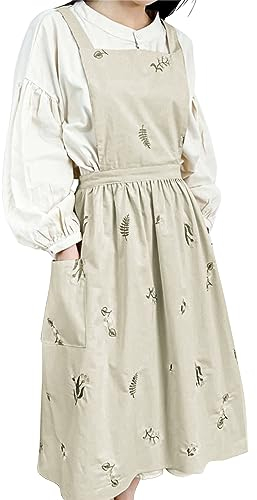 Small snail Japanischer Stil Frauen Baumwolle Blumenmuster Schürze Wasserdicht Kreuz Rücken Küchenschürze für Blumenladen Töpferei Crafting Ärmellose Schürzen mit Taschen, Beige