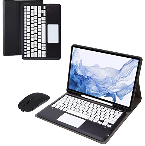Bueuwe Tastatur Hülle für Samsung Galaxy Tab S7 FE/S7 Plus/S8+ 12,4 Zoll – Abnehmbare Kabellose Tastatur Mit S Pen-Halterung, Bluetooth-Maus,Black with touchpad