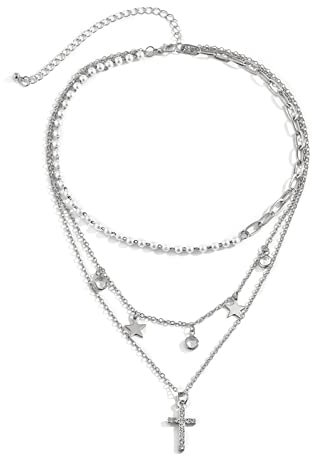 Beydodo Collana 3 Fili Donna, Collane Multifilo Lunghe Hawaiana Regolabile Collana Rolo a Catena con Pendente Stella e Croce