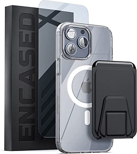 Encased Wallet Case Set Designed for iPhone 14 PRO Case with Magnetic Card Holder, Kickstand and Screen Protector - Compatible with MagSafe, Crystal Clear (3-in-1)