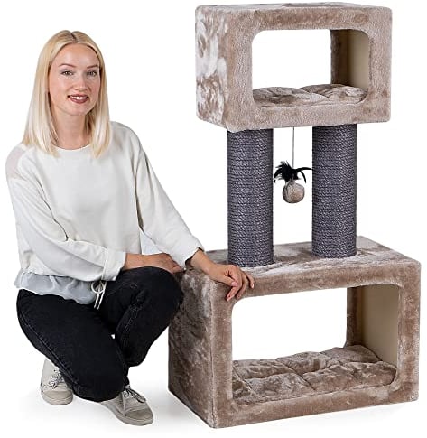 HAPPYPET Kratzbaum 'Tommy' Grosse Katzen Stabil 109 cm - Premium Qualität, 600g Plüsch, Dicke Stämme 12 cm, Große Liegefläche, Massiv Katzenkratzbaum klein für schwere Maine Coon, Cappuccino