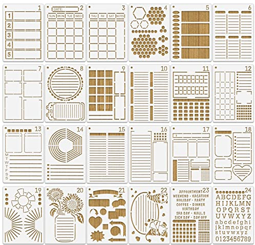 MWOOT 24 Stück Gemischt Tagebuch Schablonen Journal Stencils Set,Wiederverwendbares Bullet Schablonen Malerei Vorlage Zubehör,Dot Paint Skala Template für DIY Kartenbasteln Wand Dekor(17.8x12.7CM)