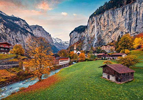 wandmotiv24 Fototapete Berge Alpen Dorf, 400 x 280 cm - selbstklebende Strukturtapete, Wanddeko, Wandbild, Wandtapete, Schweiz Lauterbrunn Gebirge M6468
