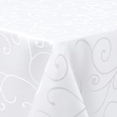 Homaxy Tischdecke Abwaschbar Rechteckig 140x180cm Polyester Tischtuch Tafeldecke Jacquard Tischwäsche Ornamente Schmutzabweisend Pflegeleicht, Weiß