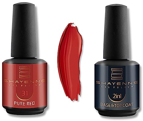 Shayenne 2er Set UV Gel Nagellack 31 Pure Red Rot 15ml + 2in1 Base Coat und Top Coat 15 ml UV LED Lampe Unterlack mit Überlack Nagel Lack Gellack Nagelgel Shellac (30 ml)