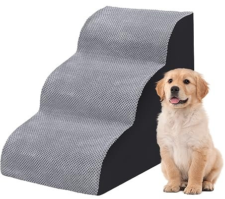 The Fellie Steps for Bed/Sofa With Washable Cover, 3-Steps High Density Foam Ramp, Non-Slip Pet Stairs for Small Older Injured Dogs and Cats, Grey, 40 x 55 x 35cm