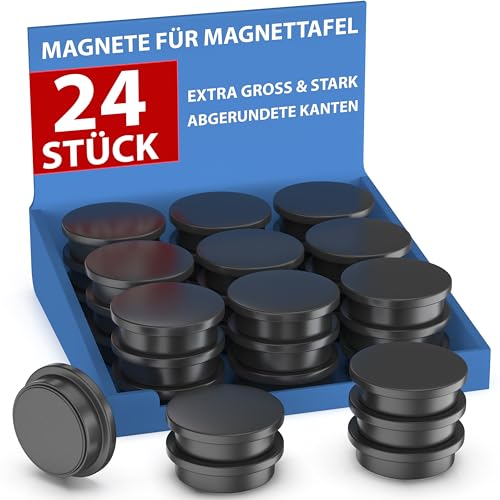 REORDA Magnete für Magnettafel stark - 24x Starke Magnete für Whiteboard, Pinnwand, als Kühlschrank Magnete & Tafelmagnete stark haftend, Magnete rund - Schwarz