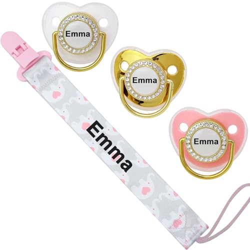 4 Stück, personalisierter Schnuller mit Namen, individueller Schnullerclip, Babygeschenk für neugeborene Jungen und Mädchen, glitzerndes Schnullerzubehör mit Namen (0–6 Monate) (Pink)