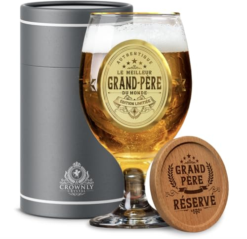 CROWNLY CRYSTAL® Verre à Bière Personnalisé - Cadeau Original pour Grand-Père, Papy, Papi - Idée Anniversaire Homme - Annonce Grossesse