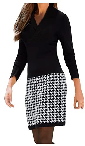 Wyongtao Womens Jumper Dress Black Check Tartan Patchwork Winter Long Sleeve Knitted Dress V Neck Sweater Dresses Women Elegant Work Office Dress Knee-Length Tunic Dress Top Pullover Sweater