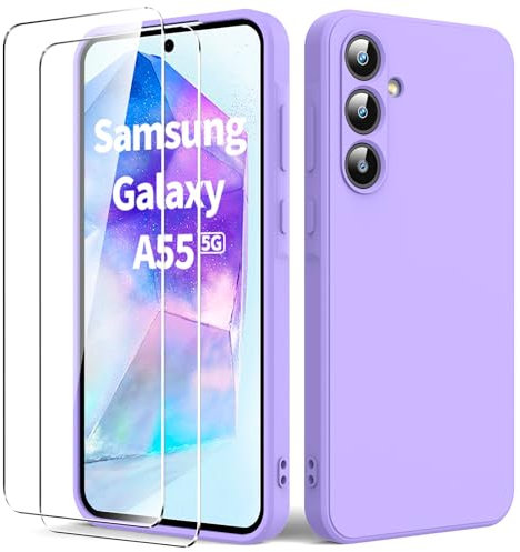 Byvuwiay Funda Compatible con Samsung Galaxy A55 5G, con 2 Piezas Cristal Templado, Carcasa de Líquida TPU Anti-Choque, Carcasa Samsung Galaxy A55 5G, Lila