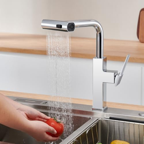BuntHaus Robinet de Cuisine Avec Douchette Extensible Avec 3 Types de Jet, Robinet de Cuisine Rotatif à 360° en Acier Inoxydable Brossé, Mitigeur Monocommande Bec de Cuisine Hauteur 265mm (Chrome)