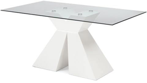 Mesa fija para comedor con base de madera y tapa de cristal ZEFIRO (blanco plano transparente)