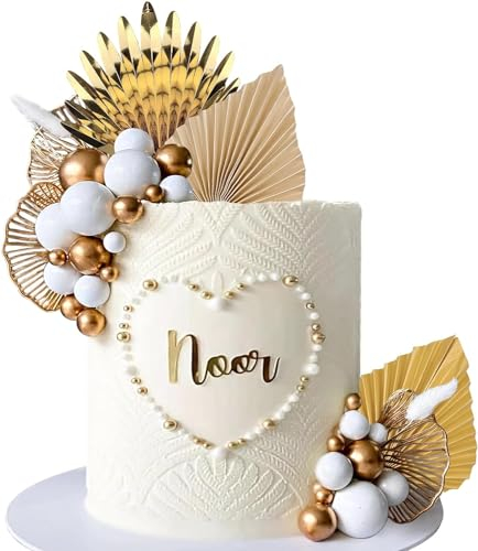 Lukinuo weiße goldene Kugel Kuchen Dekoration goldene Kugel Palm Blatt Aprikose KuchenTopper Böhmische Ballon Kuchen Cupcake Topper für Gold Boho Thema Hochzeit Baby Dusche Geburtstag