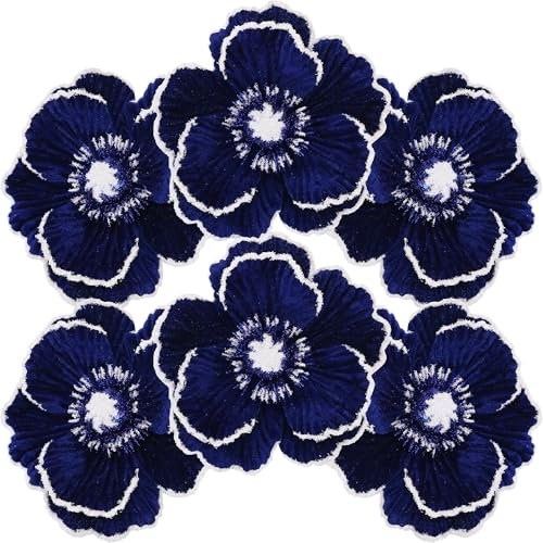 Sea Team 12-Pack Artificial Christmas Flower Ornaments, Flocked Fabric Magnolia with Glitter, Floral Decorations for Christmas Tree, Wreath, Garland, 6.3-Inch, Navy