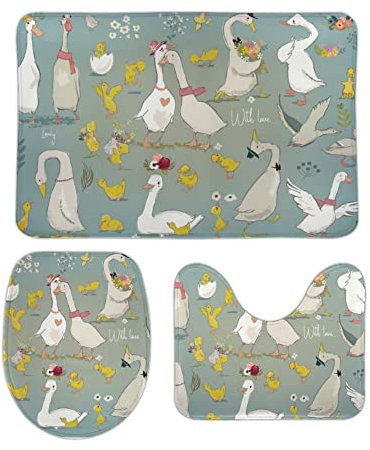 U-Förmiger Teppich Niedliche Bauernhofvögel Gans Ente Wc Vorleger Set 3 Teilig rutschfeste Badezimmer Vorleger 3-Teiliges Weiches Badvorleger Toilettensitz Dreiteiliges
