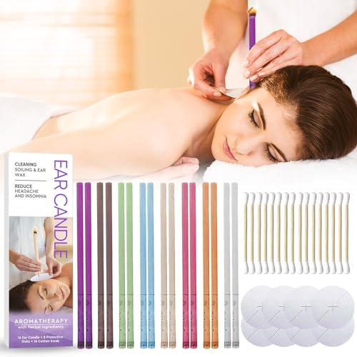 Ohrenkerzen zur Reinigung Ohrenschmalz, 16 Pcs Natürliche Ohrkerzen zur Reinigung Ungiftig Zylindrisch mit Sicherheitsfilter Schutzscheiben und Wattestäbche,kkww