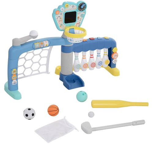 AIYAPLAY 5-in-1-Sportspielset für Kinder von 18-48 Monaten, Multi-Aktivitäten mit Fußball, Basketball, Golf, Baseball, Bowling - integriertes Fußballtor, Anzeigetafel, Licht und Sound