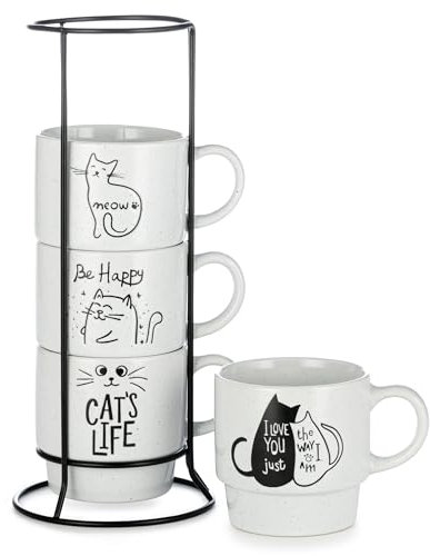 Signature Housewares Stackable Coffee Mugs Set of 4 Mugs with Metal Stand- Cat's Life