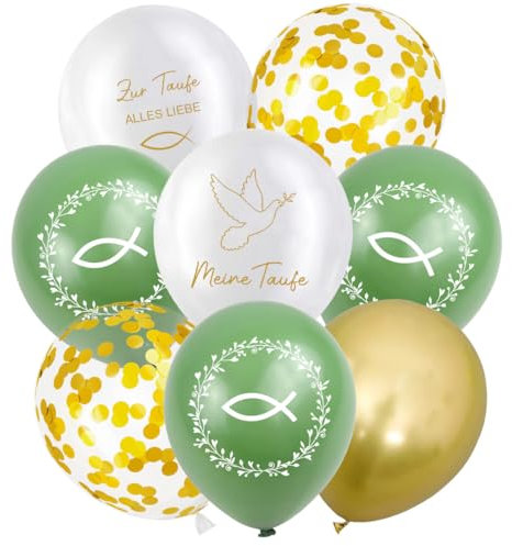 Cadimus 30 Stück Taufe Luftballons, 12 Zoll Latex Ballons Grün Gold Weiß, Meine Taufe Deko Mädchen Jungen, Helium Ballons für Taufe Erstkommunion Konfirmation Kommunion, 5 Design