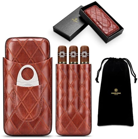 CLZOONG Zigarrenetui Leder Reise Humidor für 3 Röhren, Reise Zigarrenetui Tragbarer Zigarren Humidor Box mit Zigarrenschneider aus Edelstahl, Samttasche und Geschenkbox für Draußen, Braun