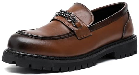 Mocasines De Hombre con Suela Gruesa, Punta Redonda Clásica Tacón Grueso Sin Cordones Informales Formales Y De Trabajo,Marrón,44 EU