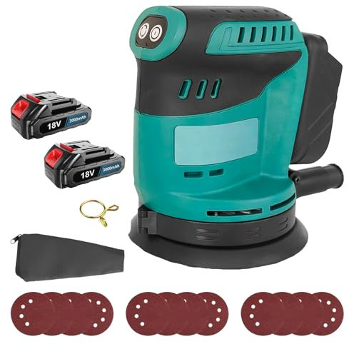 Akku Exzenterschleifer -12 hochwertige Scheibenpapier und Sammeltasche.360° drehbares Schleifgrundplatte für eine glatte Oberfläche, für das Schleifen und Polieren.für Makita-Akku(mit 2x3,0 Akku)