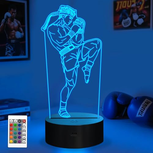 OkiyiD Muay-Thai-Geschenke für Männer, 3D-Muay-Thai-Nachtlicht Illusionsleuchte mit 16-Farben-Fernbedienung, Kampfsport-MMA-Geschenk für Kinder Jungen Männer Geburtstag Weihnachtsschmuck