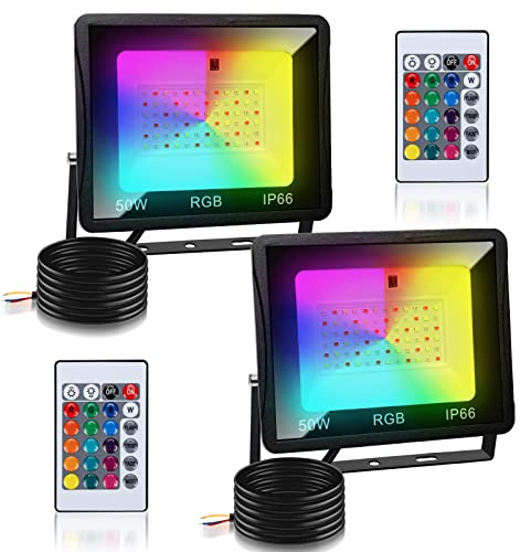 Monucep RGB Strahler 50W Fluter Mit Fernbedienung LED Außen Fluter Flutlichtstrahler IP66 Wasserdicht, Memory funktion Außen Strahler Flutlicht, Garten Stimmungslichter (2er-Pack)