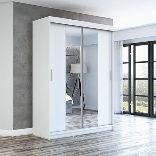 A&J MöbelLand Schwebetürenschrank NEO Kleiderschrank 2-türig mit Spiegel, Garderobe 180 cm (Weiß)