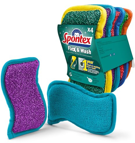 Éponges réutilisables Spontex Flex & Wash | Éponge microfibre double face pour essuyer et frotter | Produits de nettoyage pour la cuisine, la salle de bain et la maison | 2 paquets de 2 (4 au total)