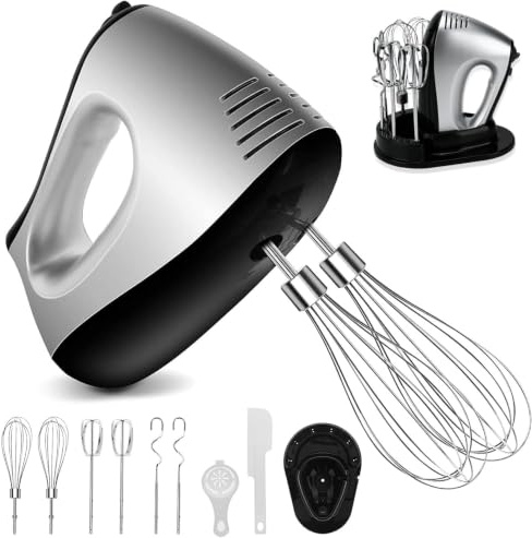 Handmixer Handrührgerät 500 W mit 5 Geschwindigkeiten & Turbinenfunktion | Kein Spritzen inklusive 2 Quirle 2 Knethaken 2 Schneebesen Eiertrenner Spatel und Standhalter für Eiermasse Sahne Teig