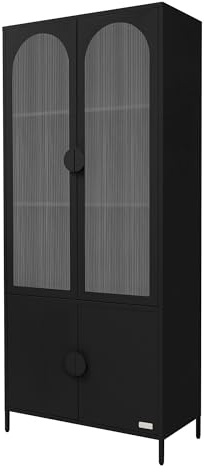 ML-Design Vitrinenschrank 80x185x40 cm aus Stahl, Schwarz, Küchenschrank mit 4 Ablage-/Regalfächer & 4 Türen, Metall Vitrine Hochschrank Bücherschrank Aktenschrank, Aufbewahrungsschrank für Wohnzimmer